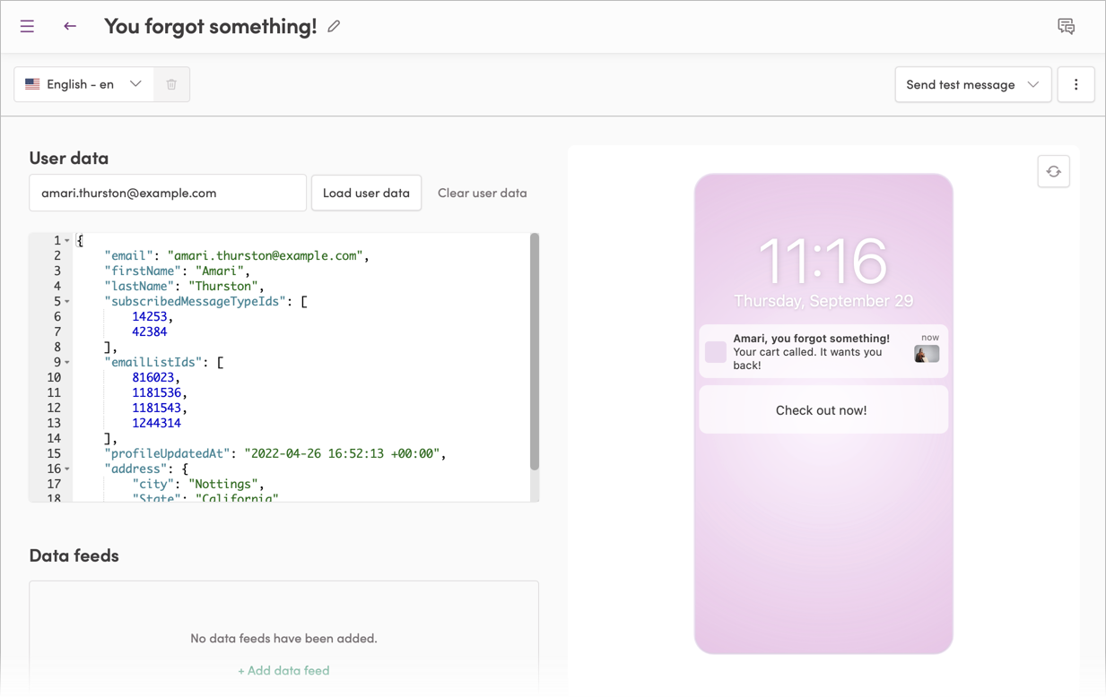 Previewing a push notification with user data