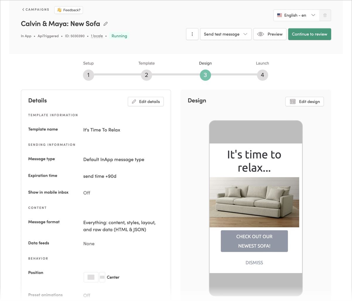 Configuring an in-app template