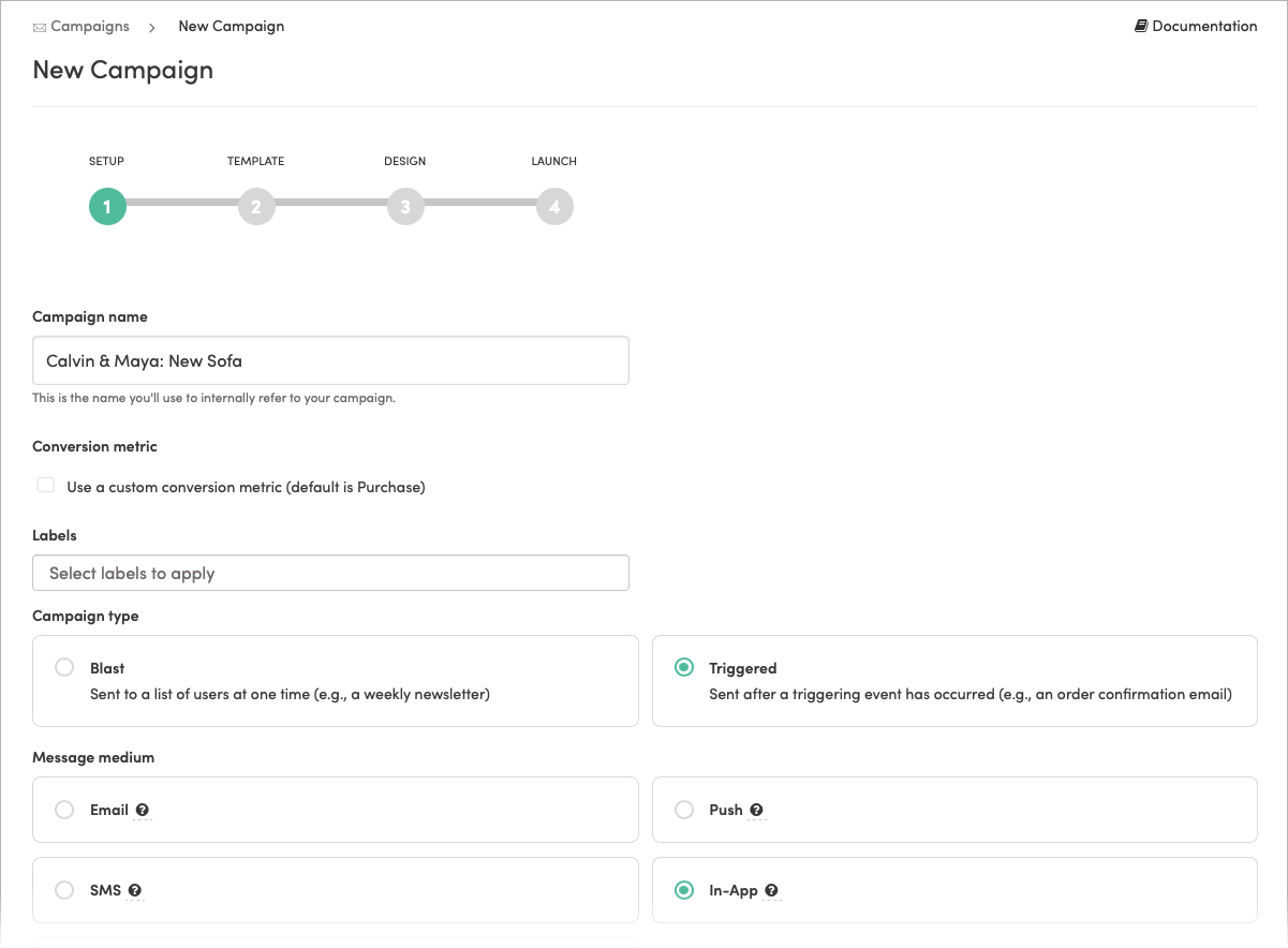 Creating a new in-app message campaign