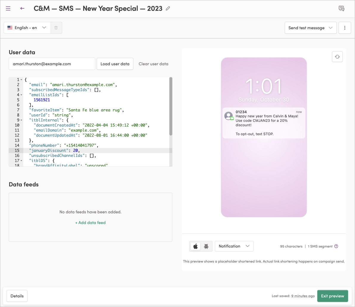 Previewing an SMS template