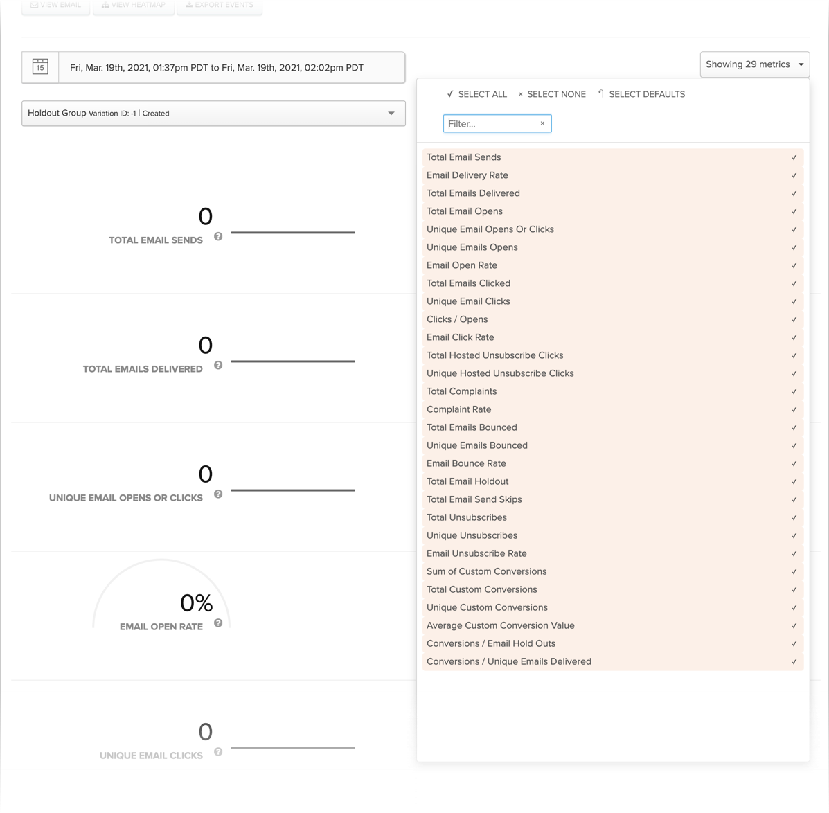 Selecting metrics for the Campaign Analytics screen