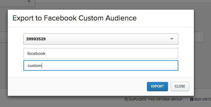 Export to Facebook Custom Audience window