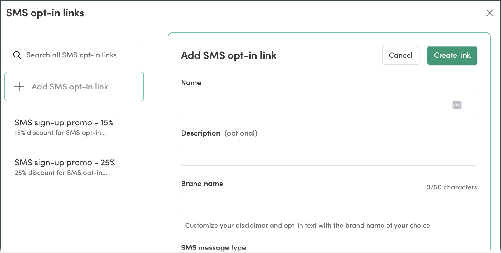 Add new SMS Smart Opt-In Link