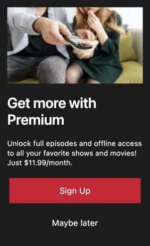 Sample Roku message promoting a premium subscription