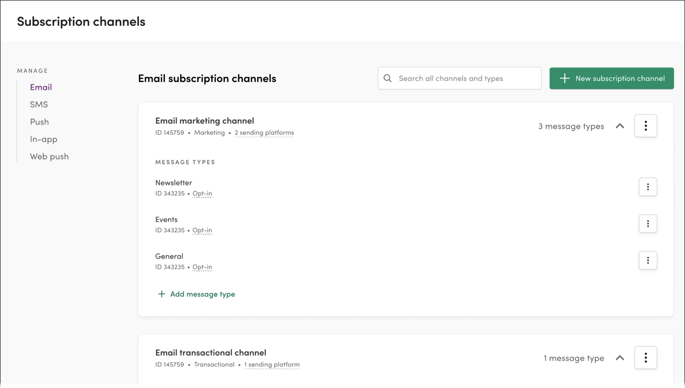 The Subscription Channels page in Iterable