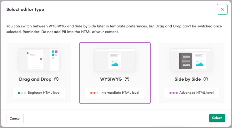 Template editor selection