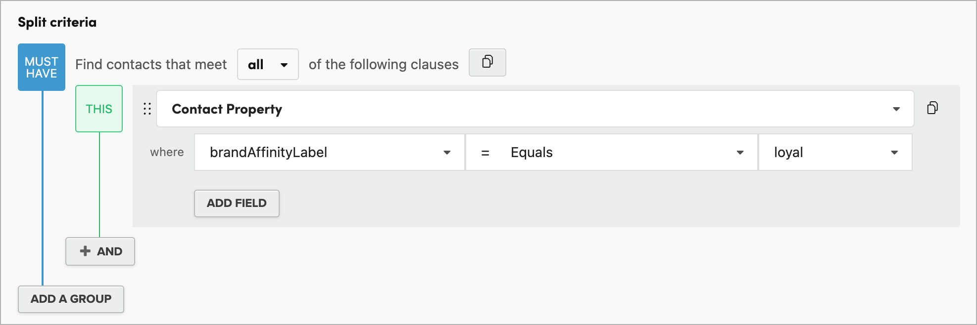 Filtering a journey on the brandAffinityLabel user profile field