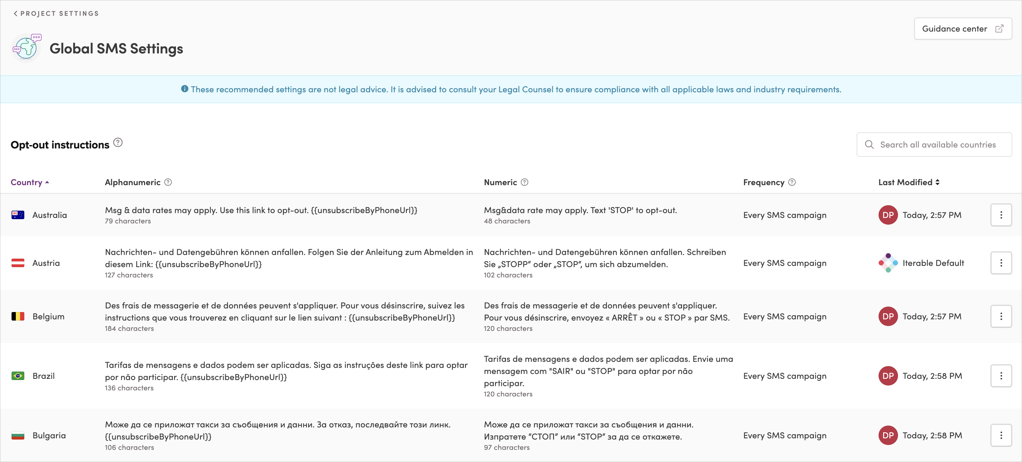 Global SMS Settings