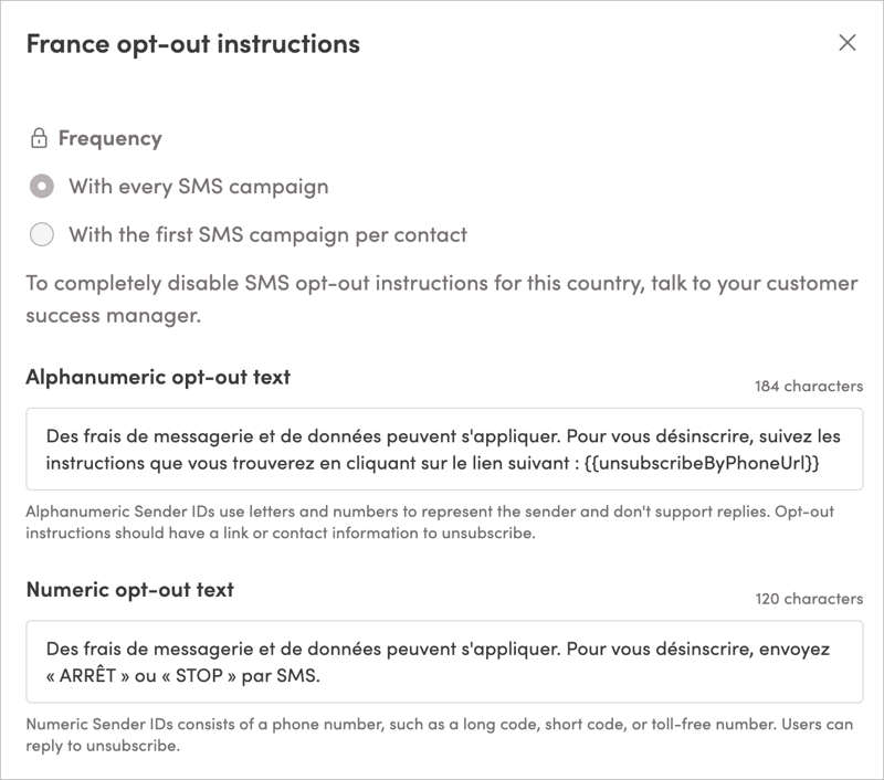 Global SMS settings for France