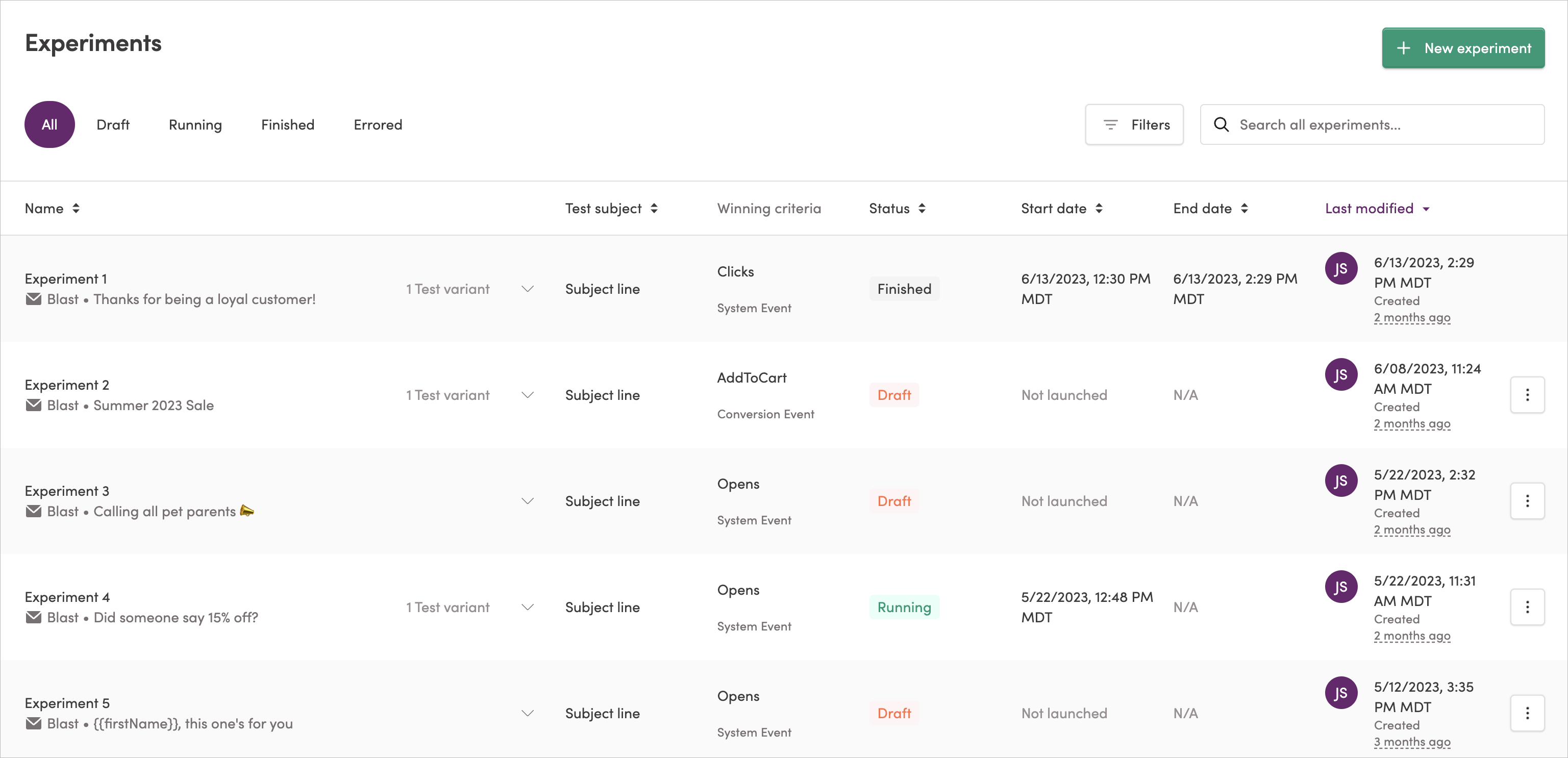 Viewing the Experiments page