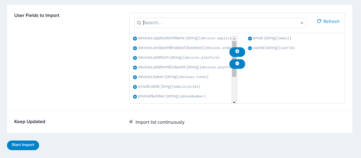 Selecting to import a list continuously