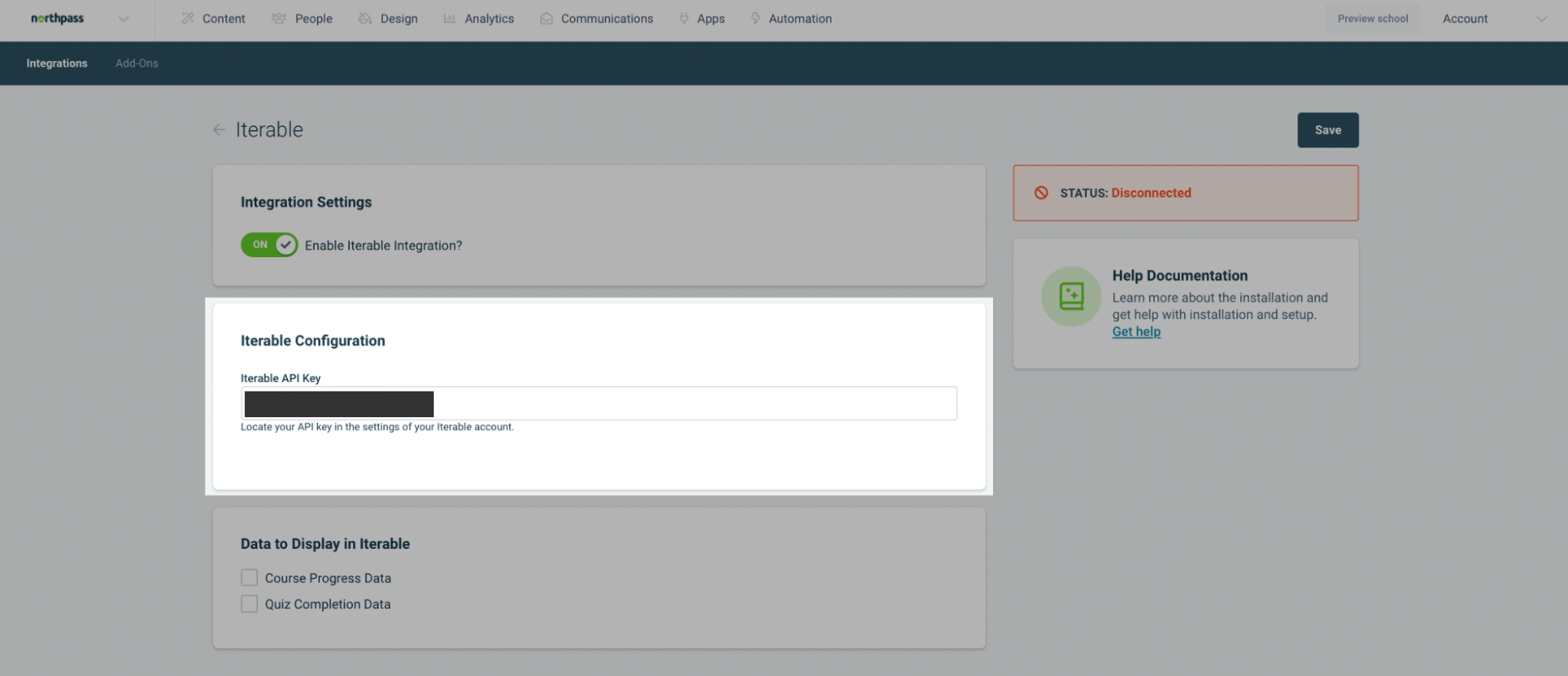 Pasting an Iterable API key into Northpass
