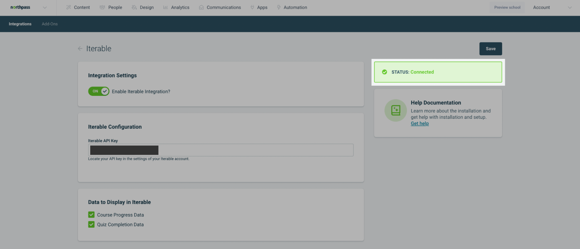 The Status box for the Iterable app in Northpass