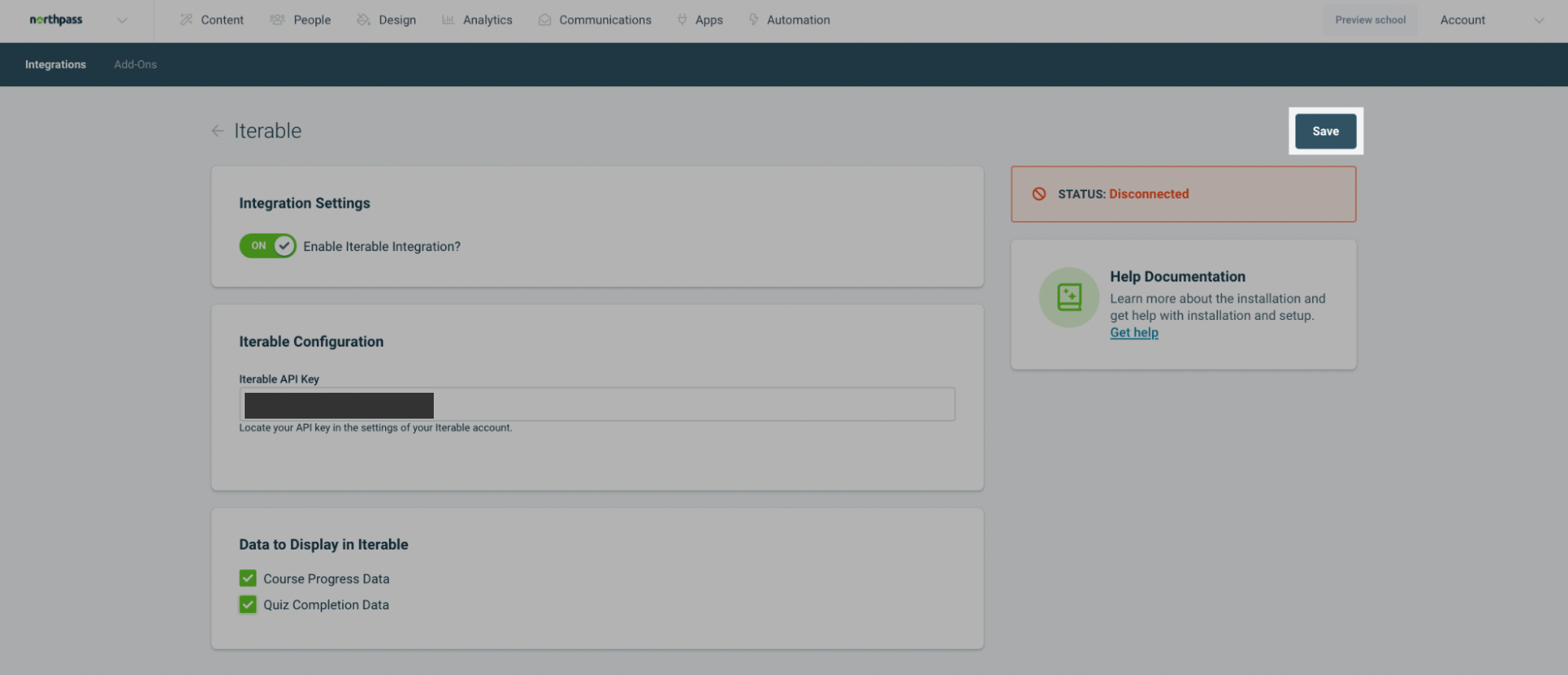 The Save button for Iterable's Northpass integration