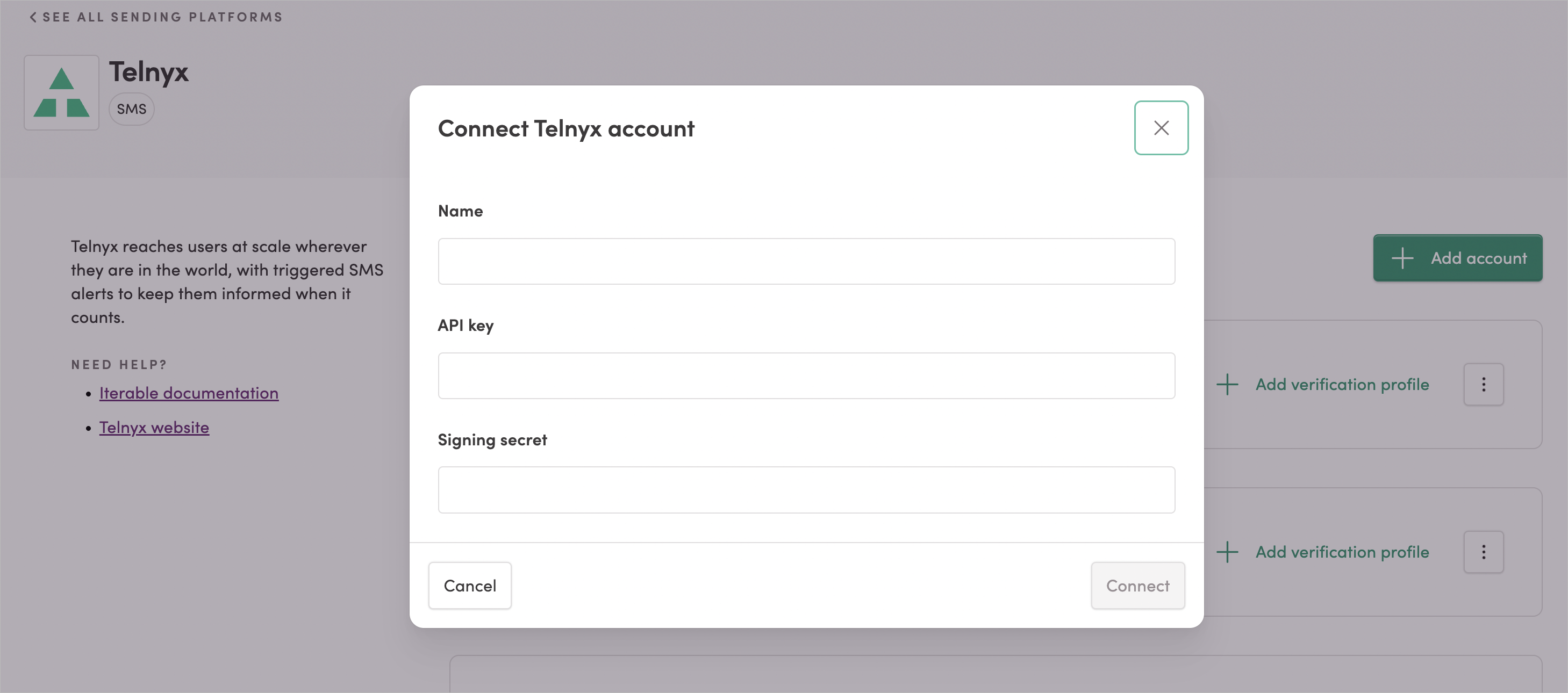 Adding a Telnyx account to Iterable
