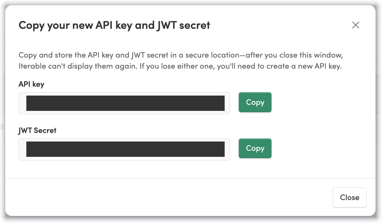 Copying an API key and its JWT secret