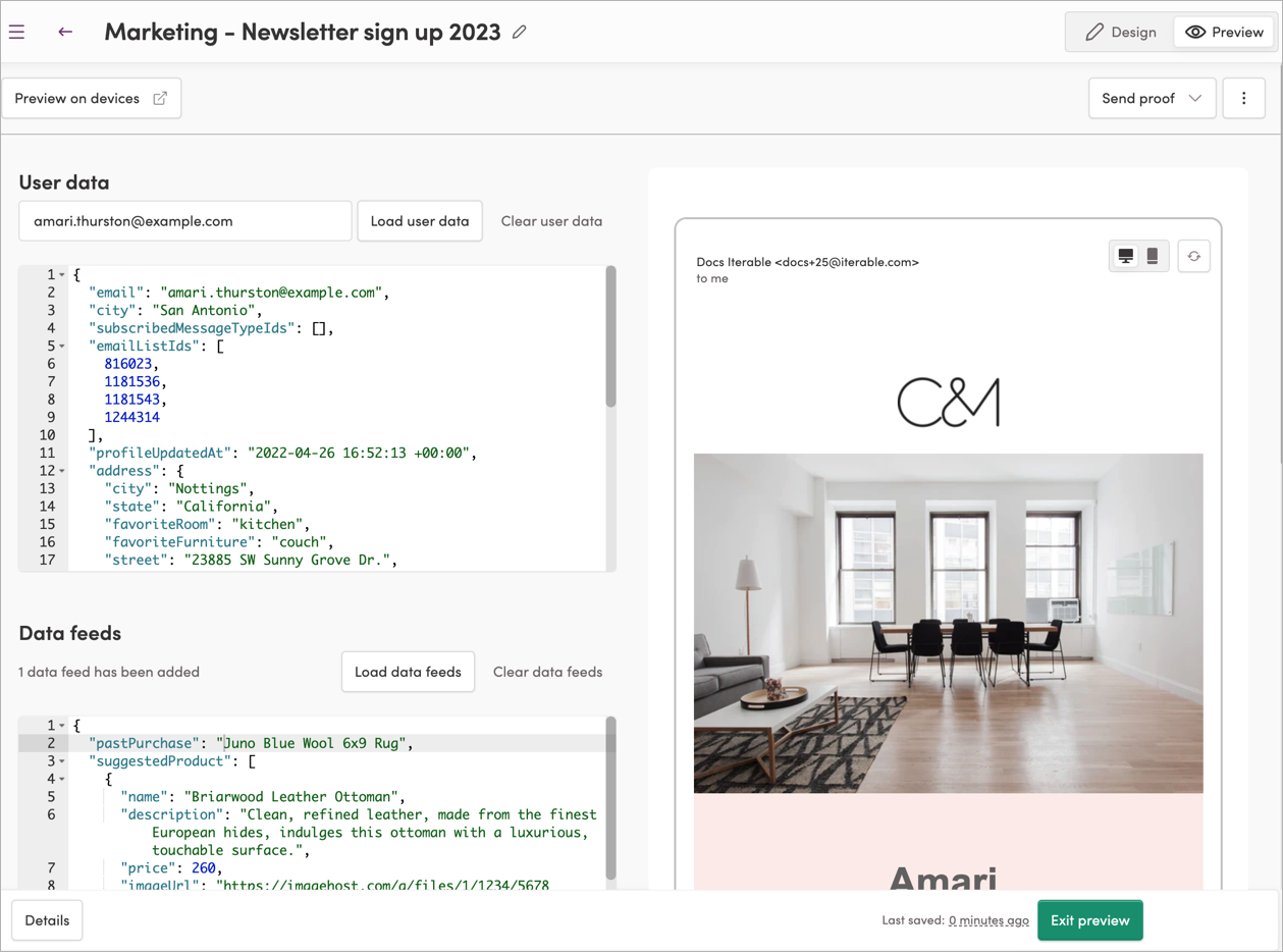 Preview template with user data