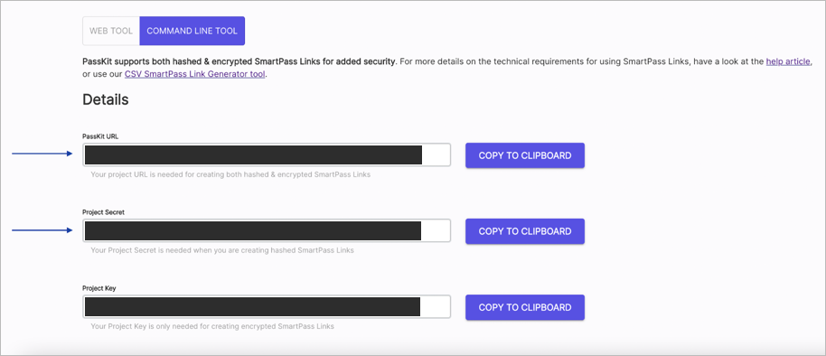 Entering the PassKit URL and project secret
