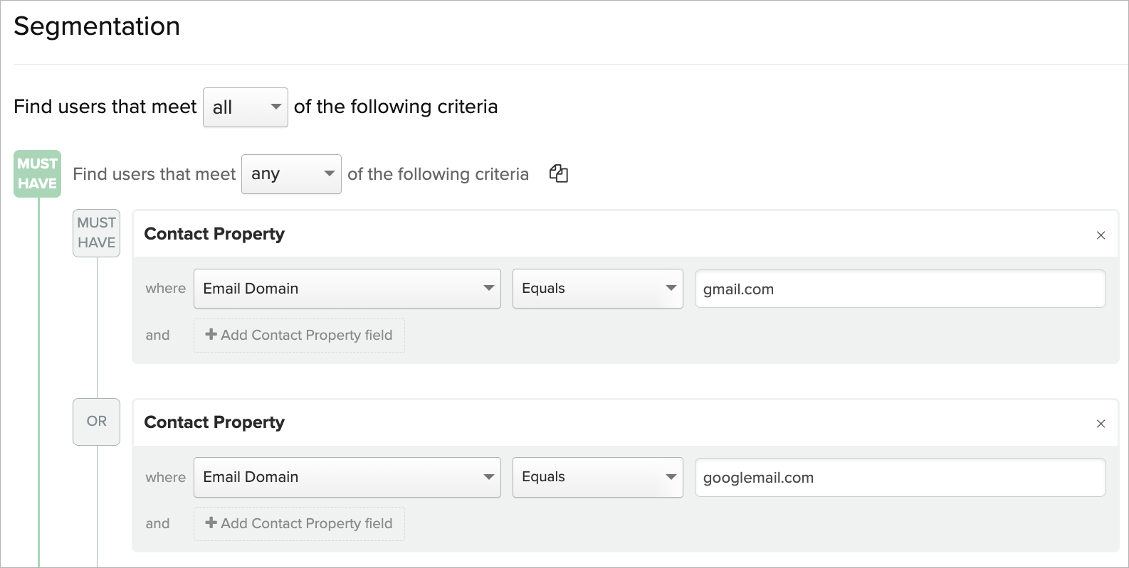 Segment criteria for Gmail users by domain