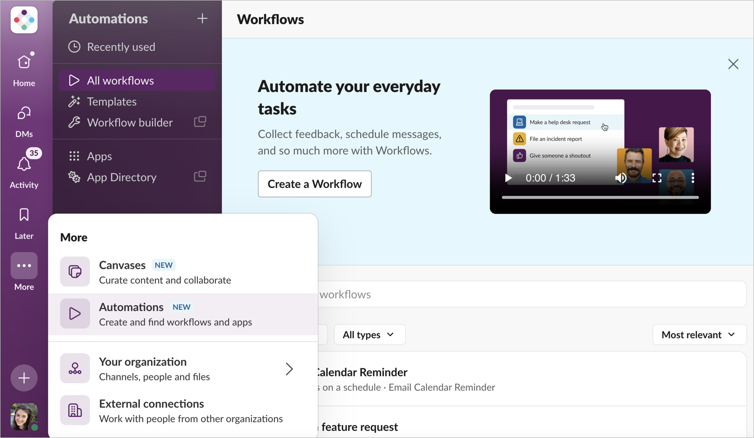 The Slack More menu