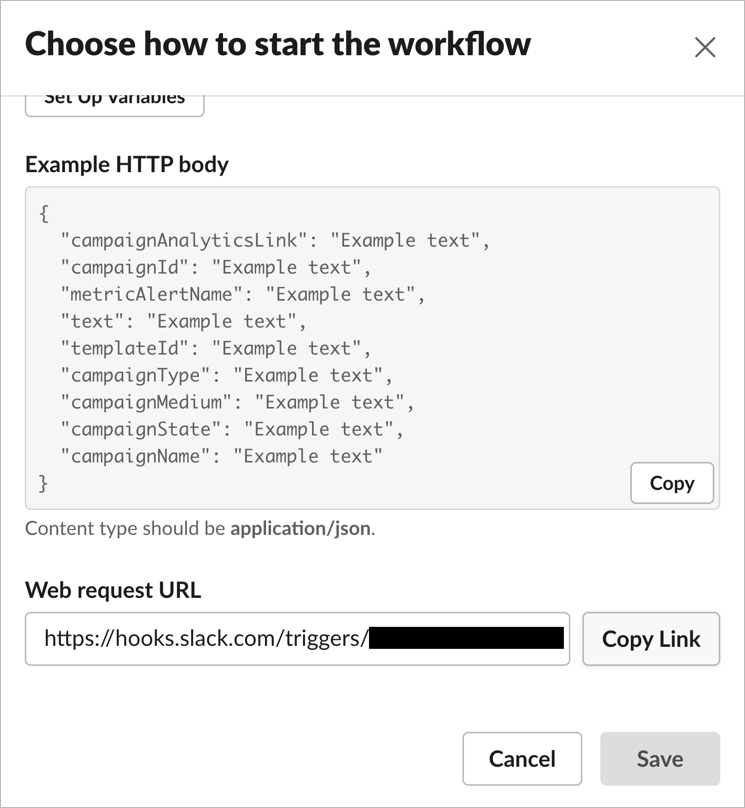 Copying the Slack workflow web request URL