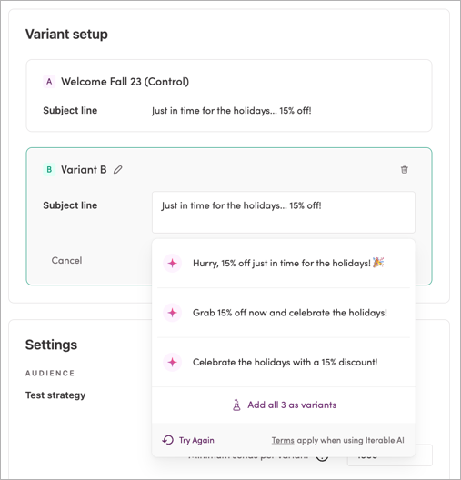 Access AI assisted subject lines