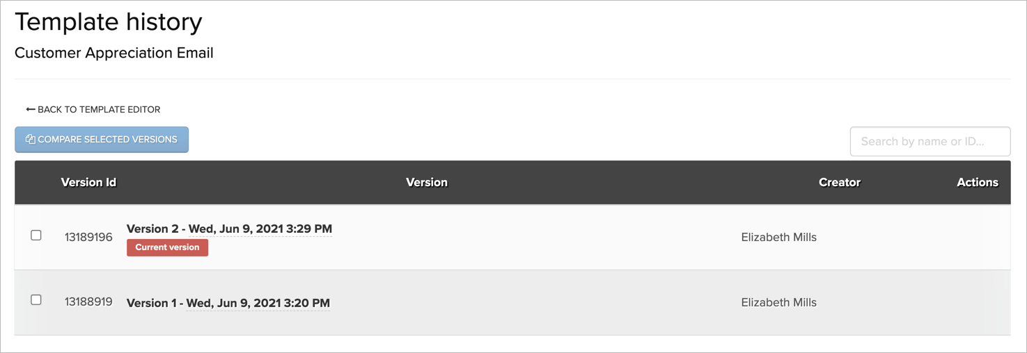 The Template History page