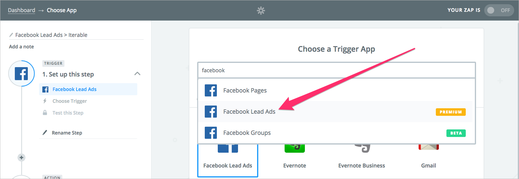Selecting Facebook Lead Ads as the Trigger app