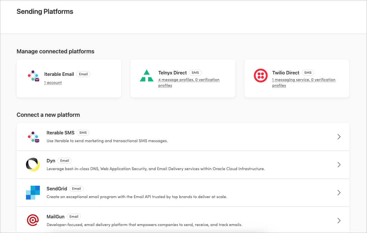Example updated Sending Platforms screen