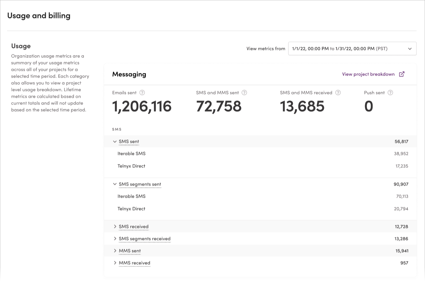 Example updated Usage and Billing screen