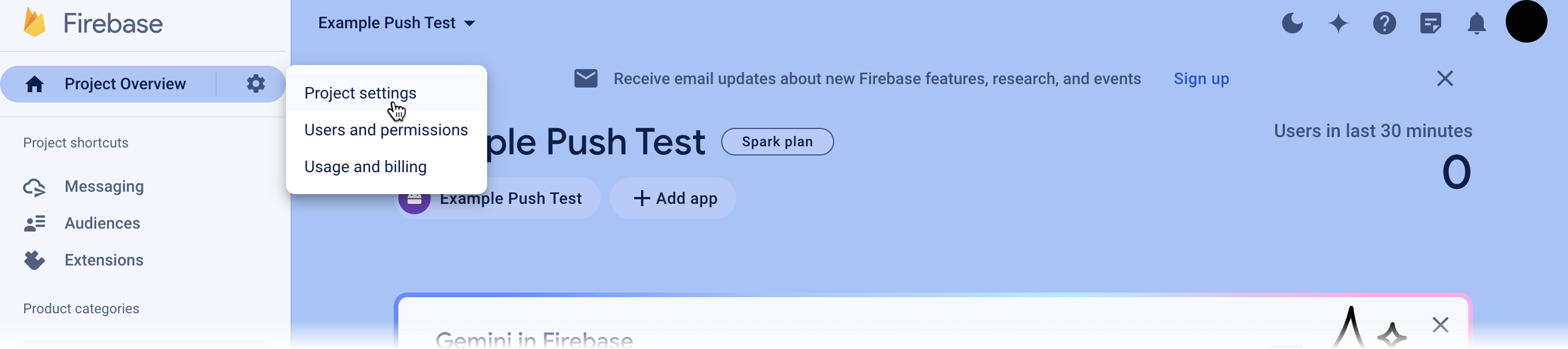 Opening project settings in Firebase