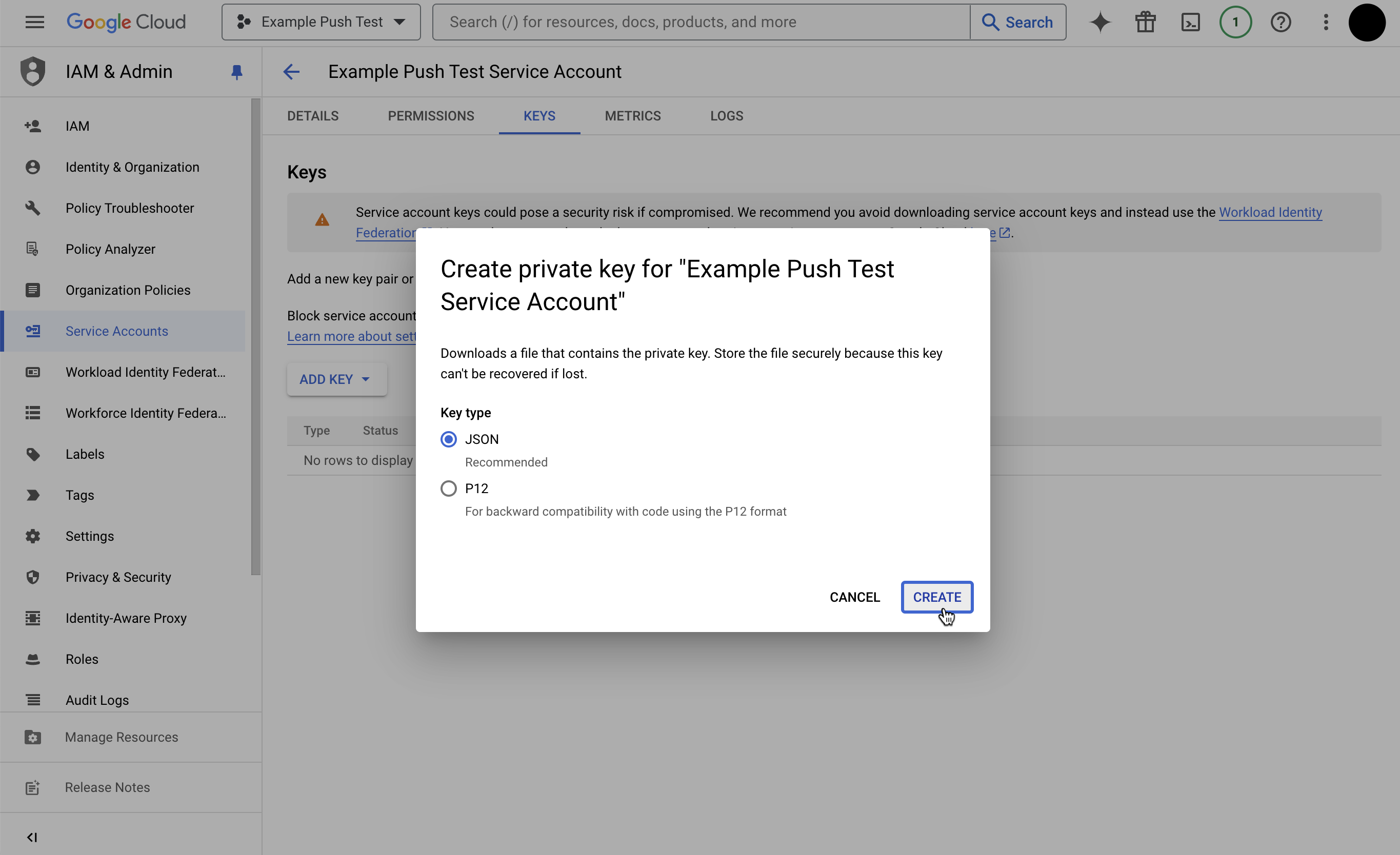 Creating a JSON private key for a Firebase service account