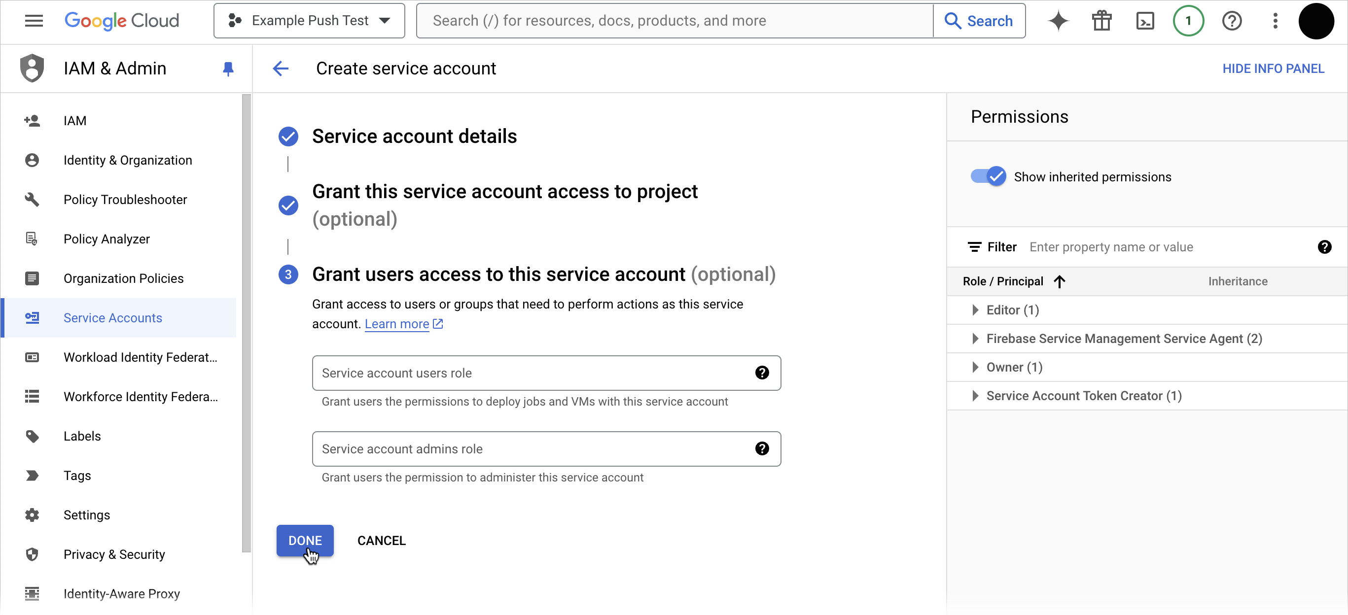 Granting user access to a Firebase service account