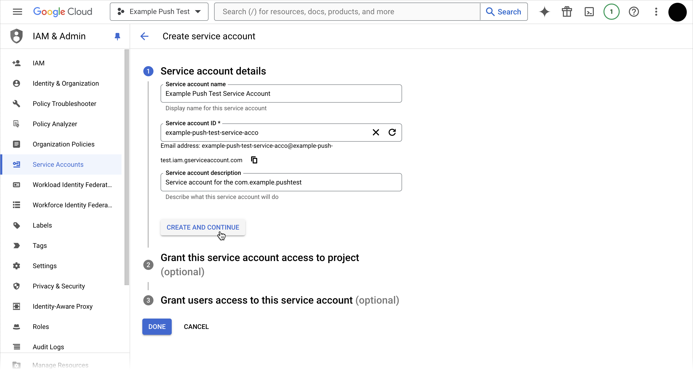 Specifying details for a new Firebase service account