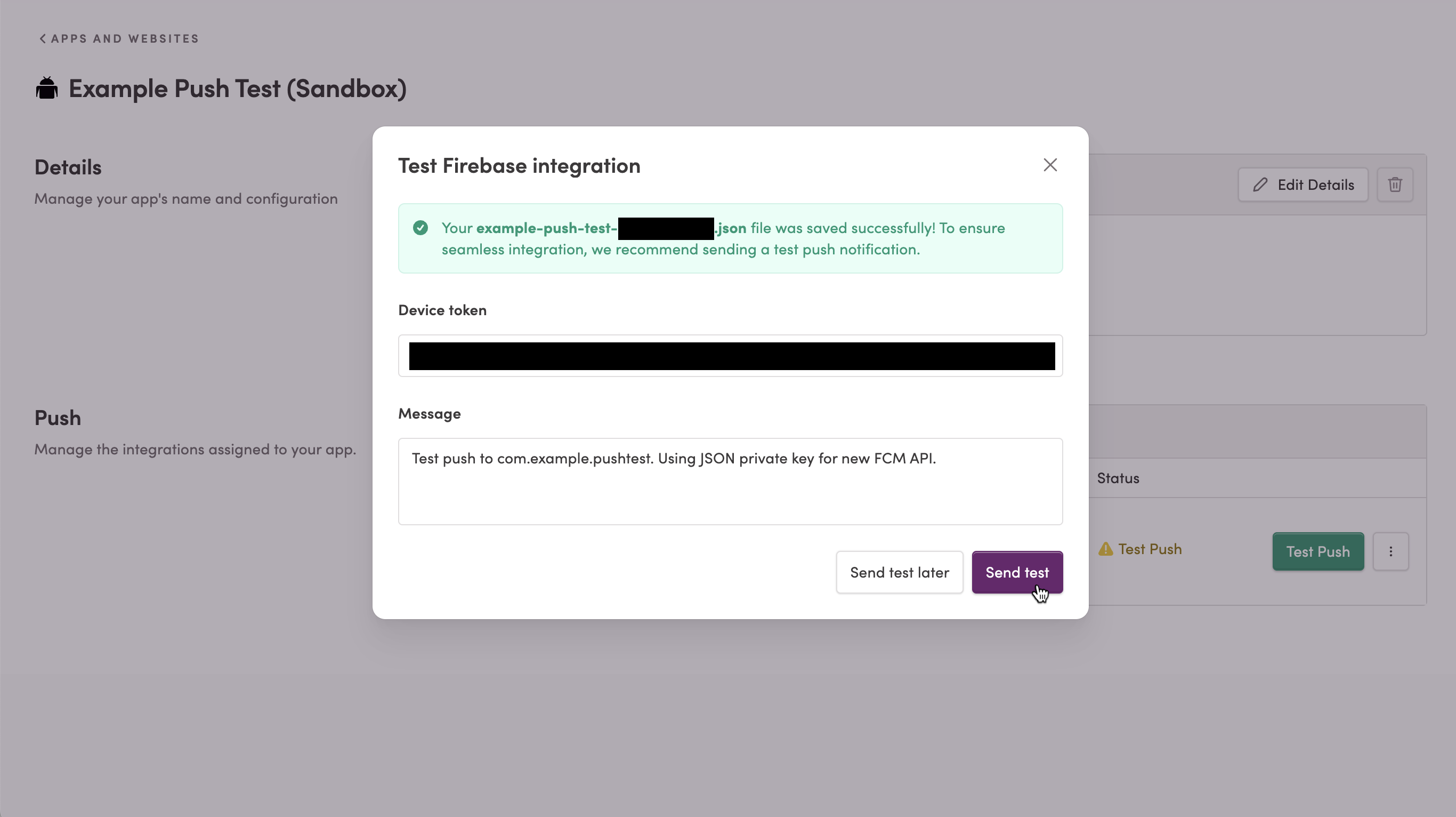 Sending a test push notification to a sandbox app