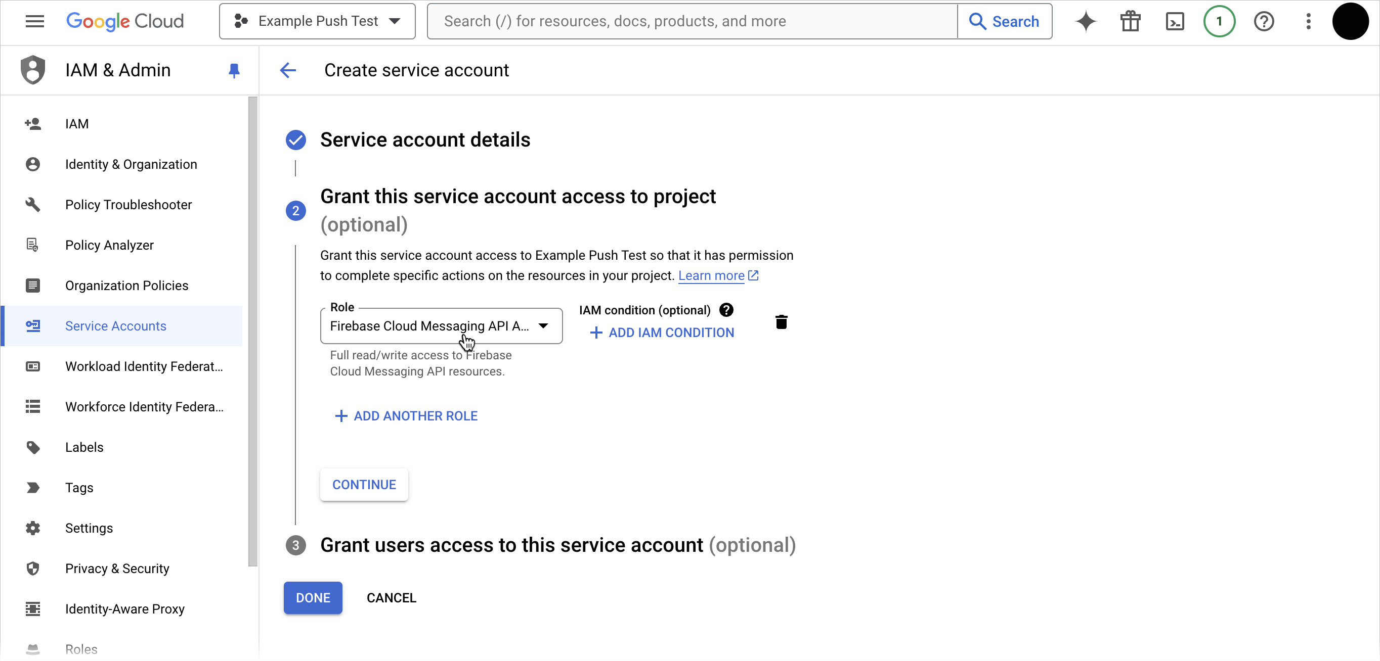 Giving a Firebase service account access to a project