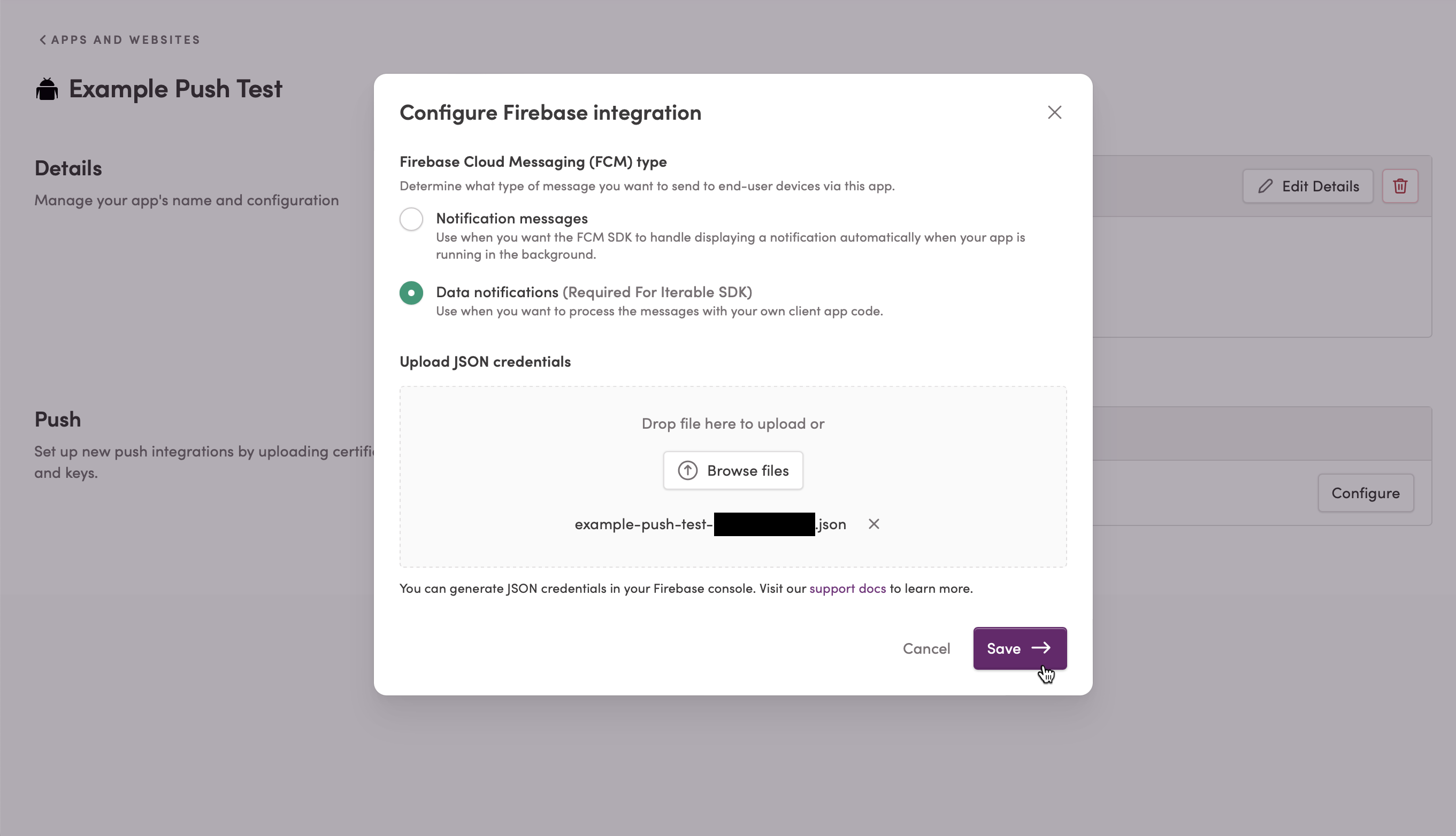 Configuring a Firebase push integration Configuring a Firebase push integration