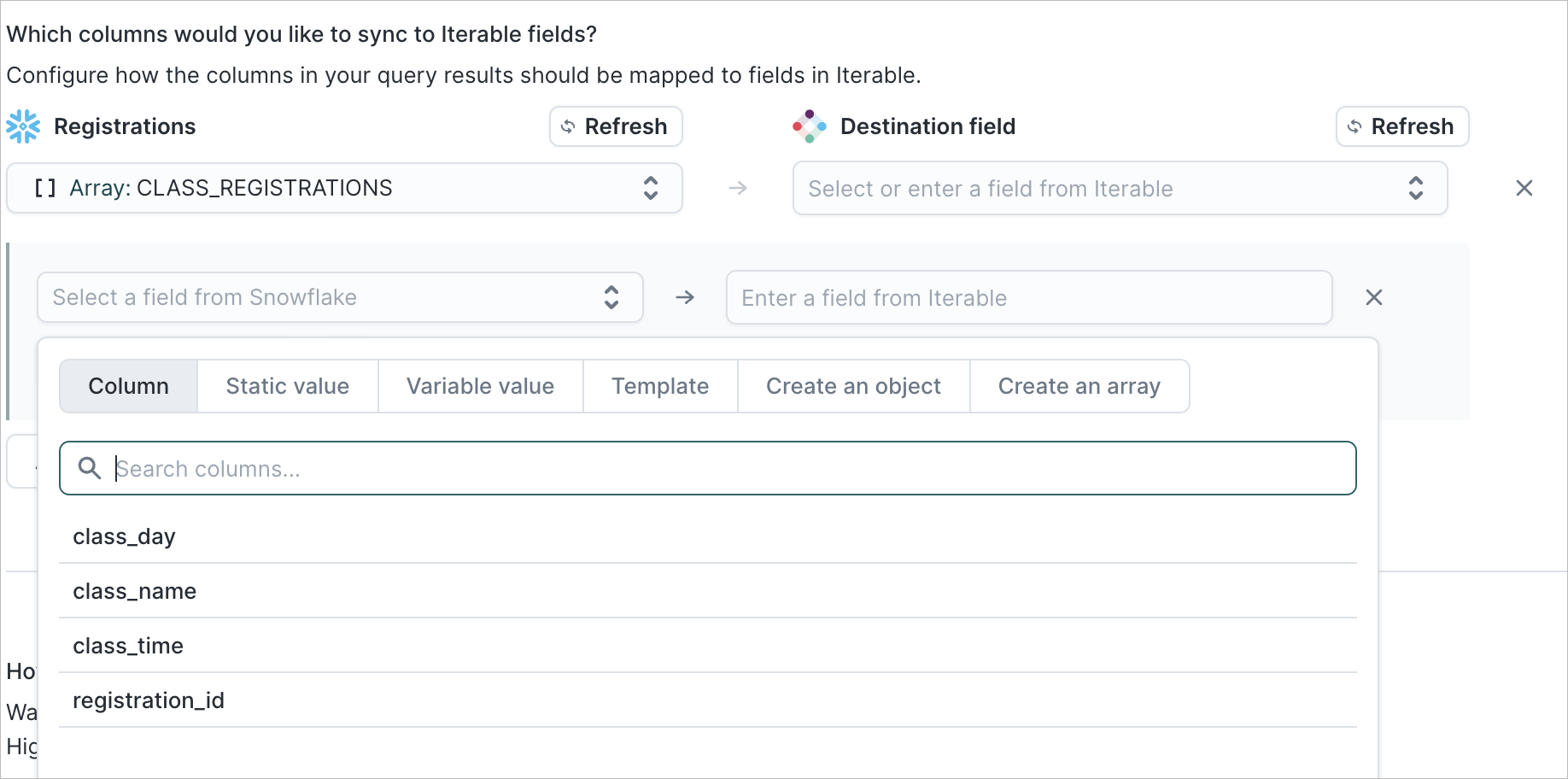 Object array column selection