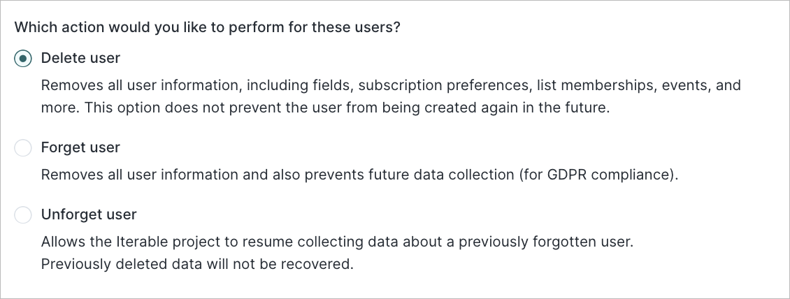 User actions menu