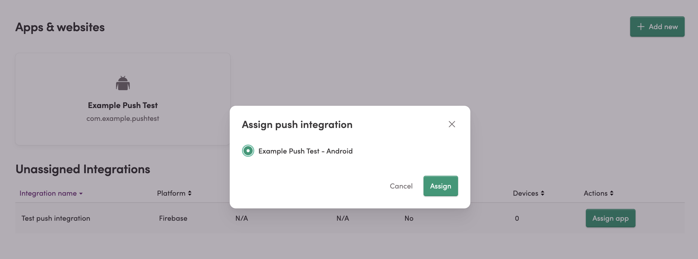 Assigning a push integration to an app