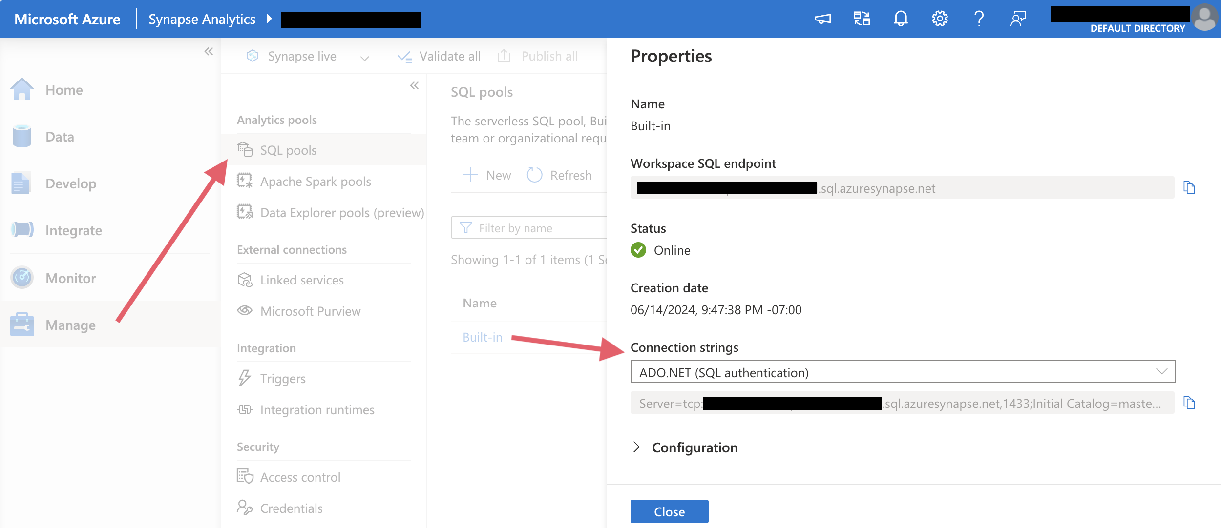 Azure Synapse connection string