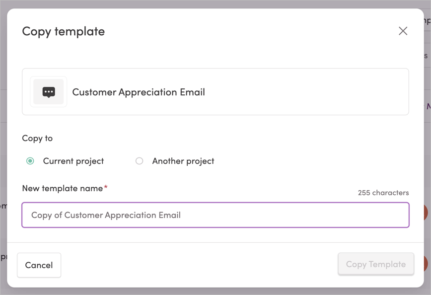 The Copy Template menu