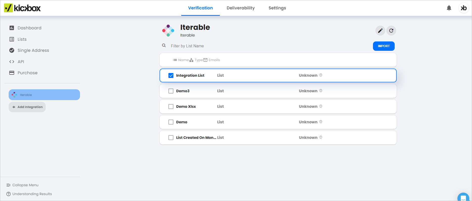 Selecting lists to import to Kickbox