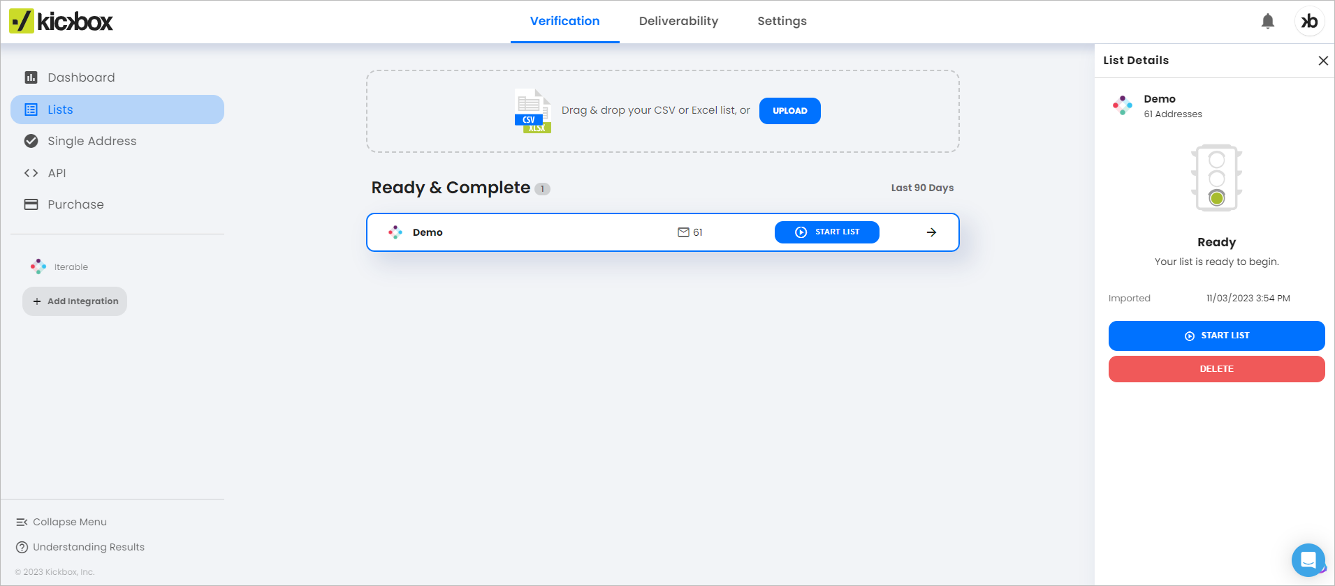Starting a list analysis in Kickbox