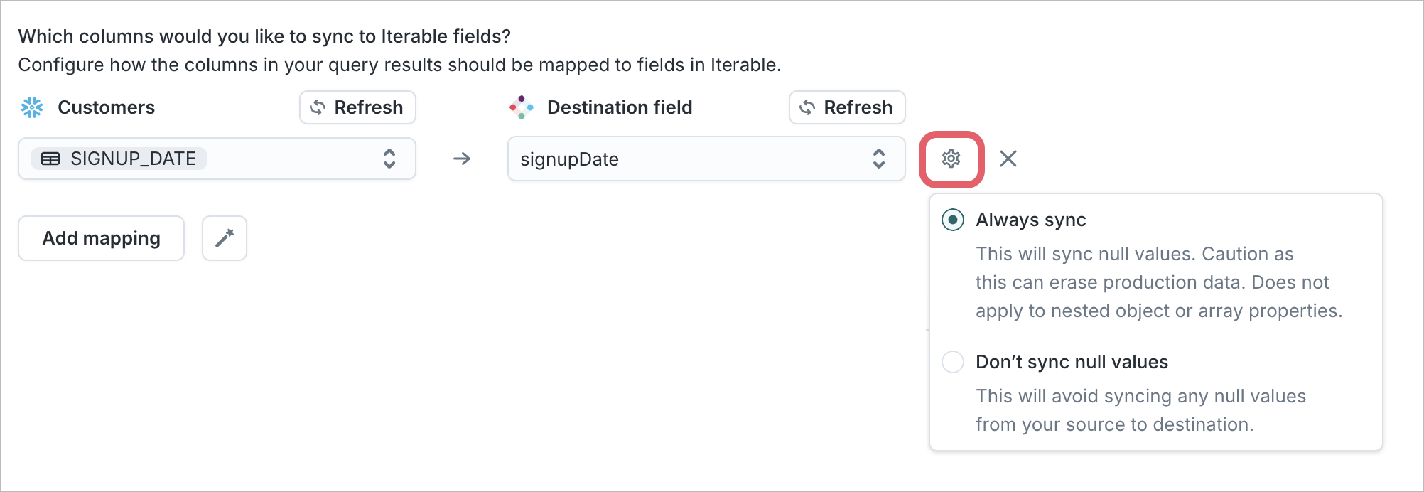 Syncing null values setting