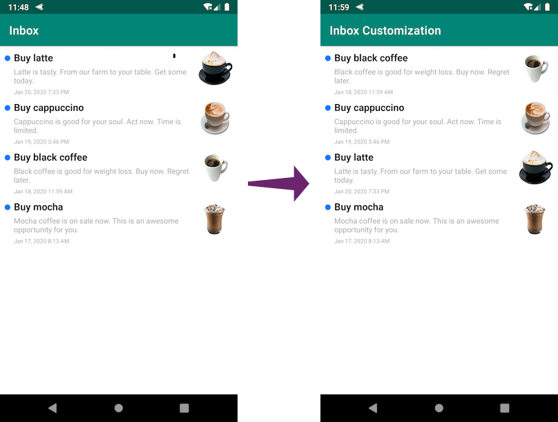 Inbox with sorted messages