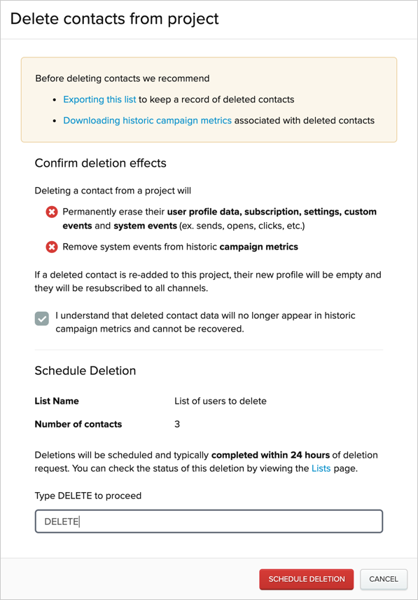 Delete Contacts from Project window