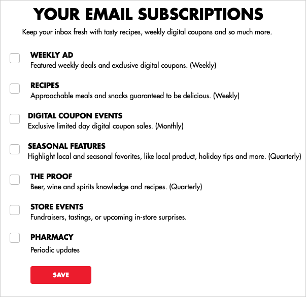 Example subscription preference center from Push Planet