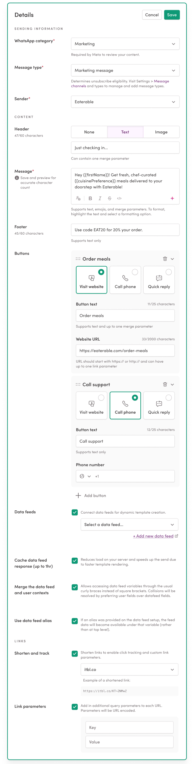 The Details section of a business-initiated template