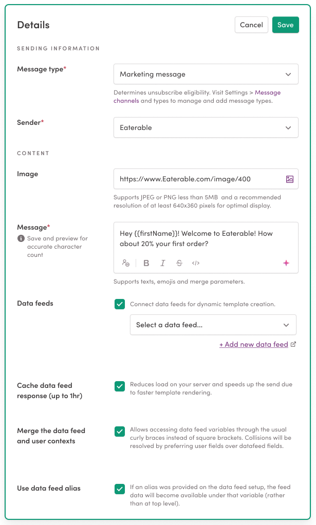 The Details section of a user-initiated template